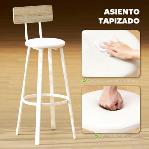 Juego de 2 Taburetes de Bar, Taburetes Altos de Cocina con Respaldo y Reposapiés, Tapizados de PU, Asiento de 75,5 cm de Altura, Fácil Montaje, Estilo Industrial, Natural y Blanco