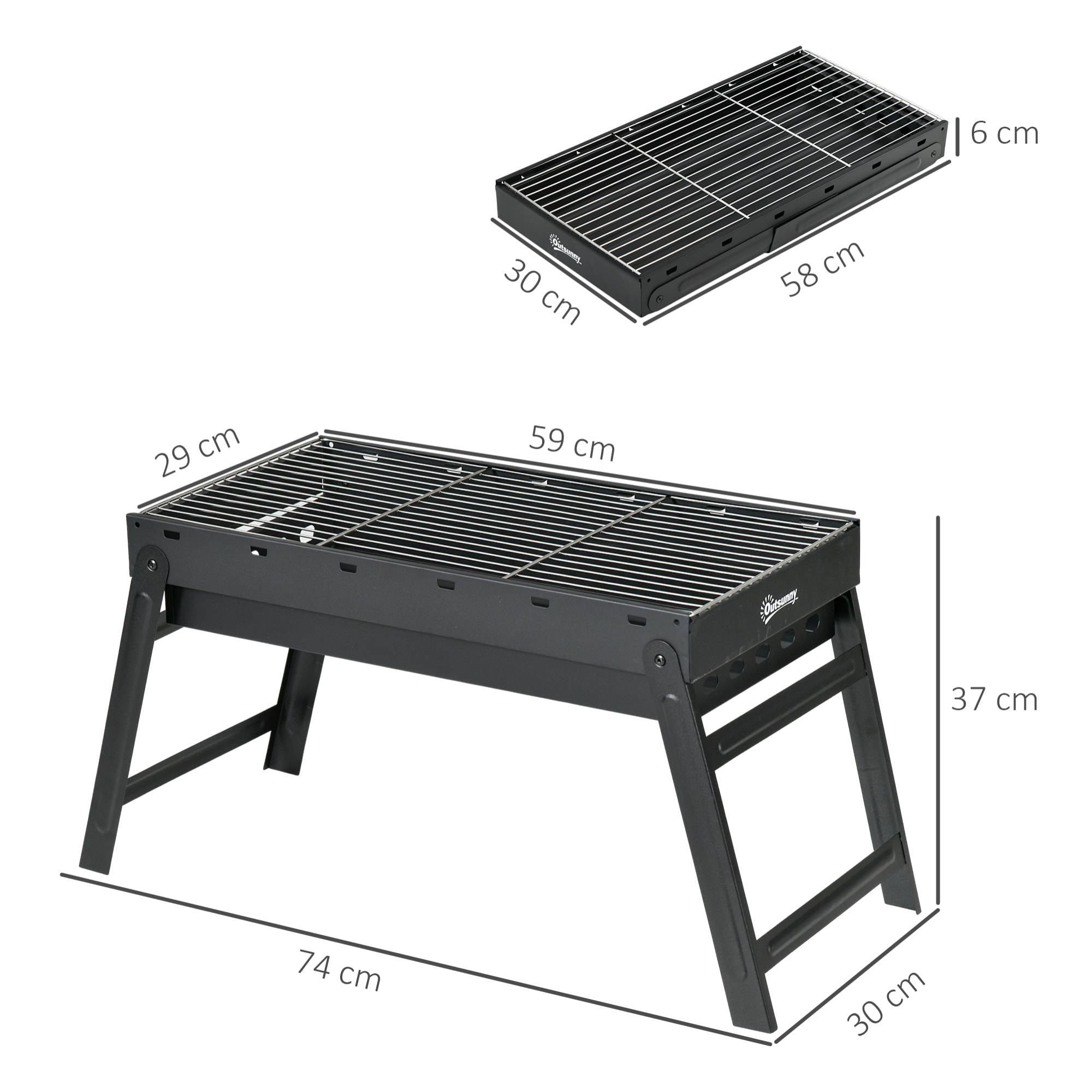 Barbecue à charbon de bois pliable portable dim. 74L x 30l x 37H cm avec grille acier noir