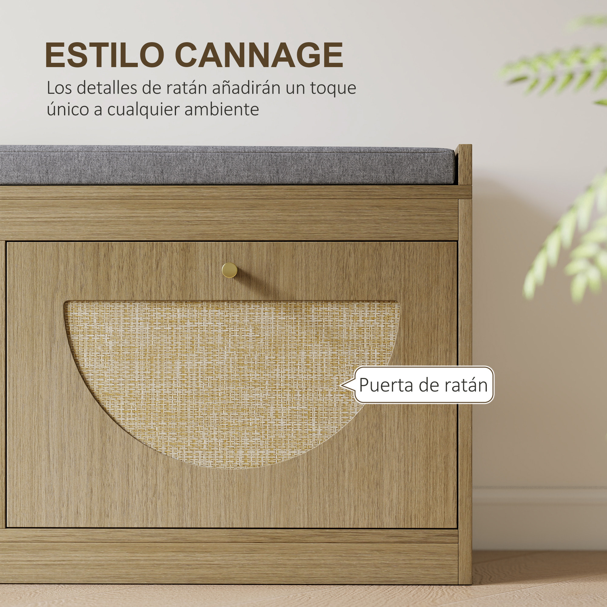 Banco Zapatero, Banco Recibidor Bohemio, con Asiento Acolchado, Puertas Frentes de Ratán, Estante Ajustable, para 8 Pares de Zapatos, para Entrada, 105x35x47 cm, Natural