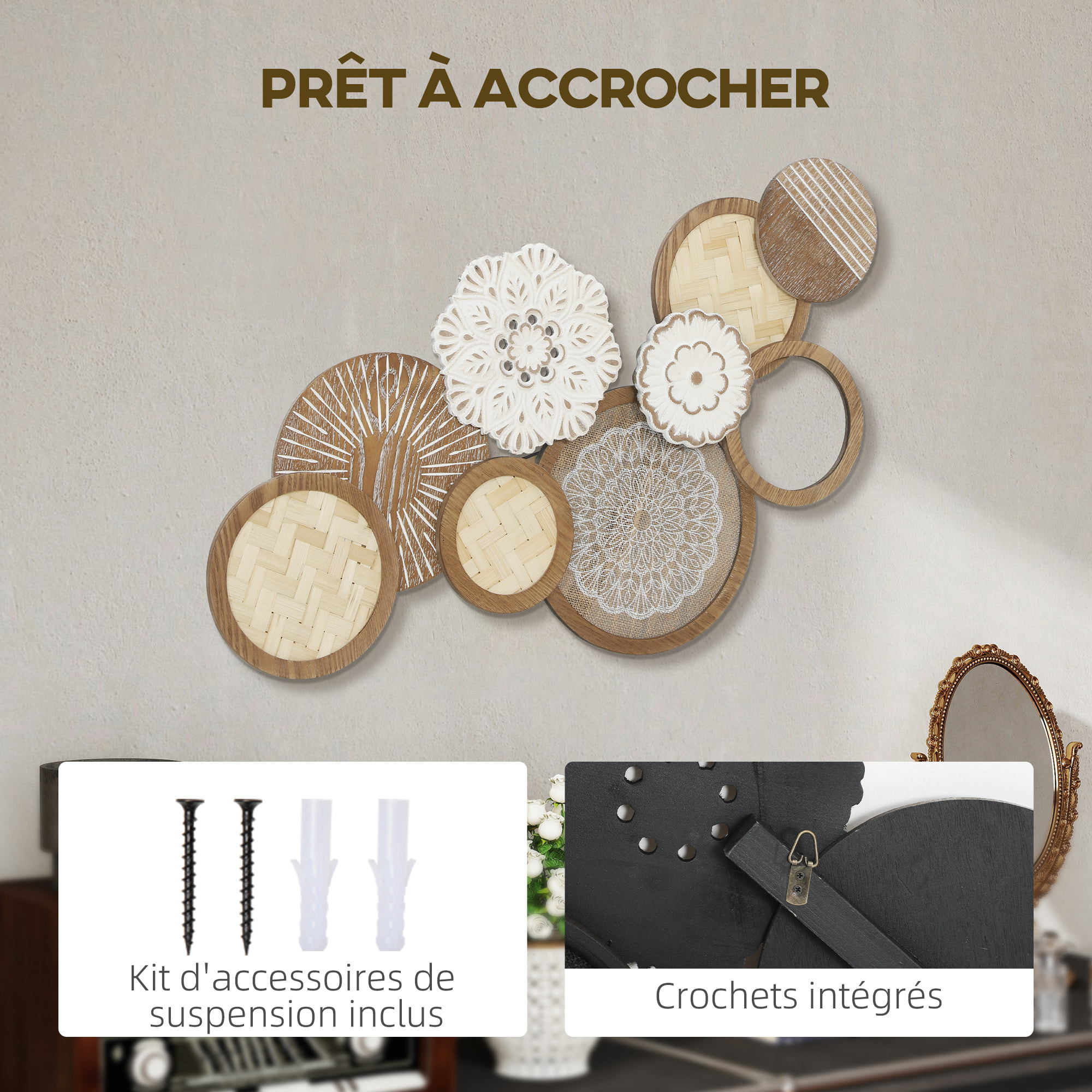 Décoration murale bois naturel géométrique 7 disques 2 fleurs - 83 x 44 cm