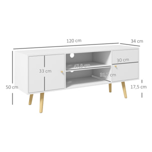 Meuble TV style scandinave 2 portes 2 niches passe-fils piètement bois pin panneaux blanc