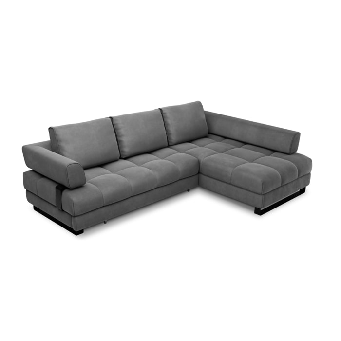 Canapé d'angle droit convertible avec coffre de rangement "Clinton" 5 places en velours gris foncé