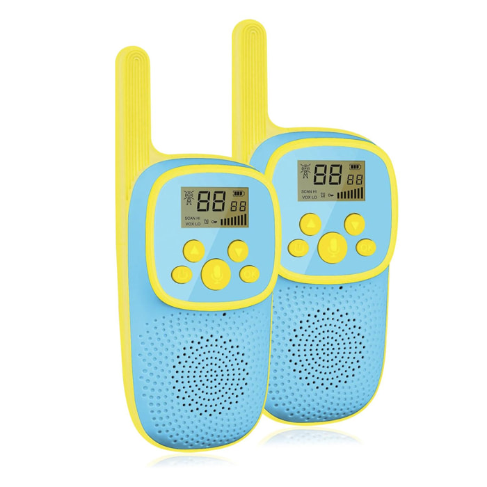 DAM Walkie Talkies infantiles D21, 1-3 km, pantalla de 1,5 LCD, 99 códigos de grupo encriptados, luz LED. 2 unidades. Batería recargable. 5,5x3,5x13,5 Cm. Color: Azul