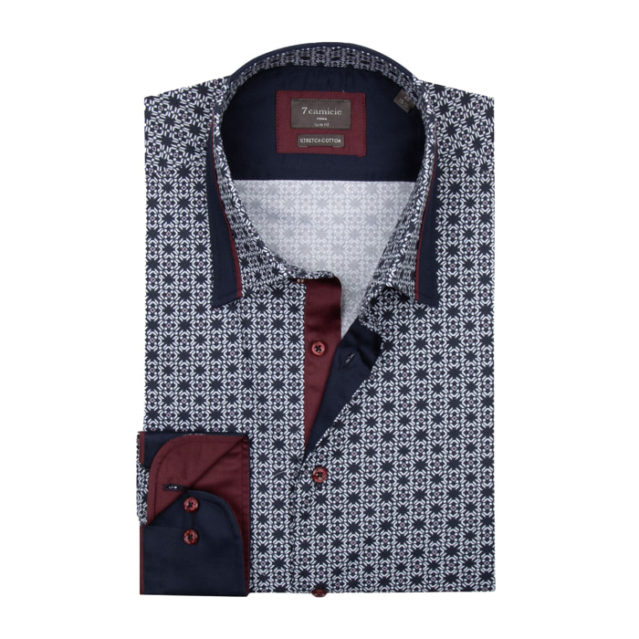 Camicia Uomo Italiano Slim Popeline Stretch Stampato Blu\Bianco