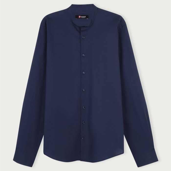 Camicia Uomo Coreano Slim Popeline Stretch Unito Blu
