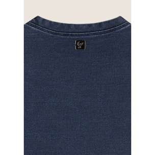 Top cropped effetto denim decorato sulle spalle