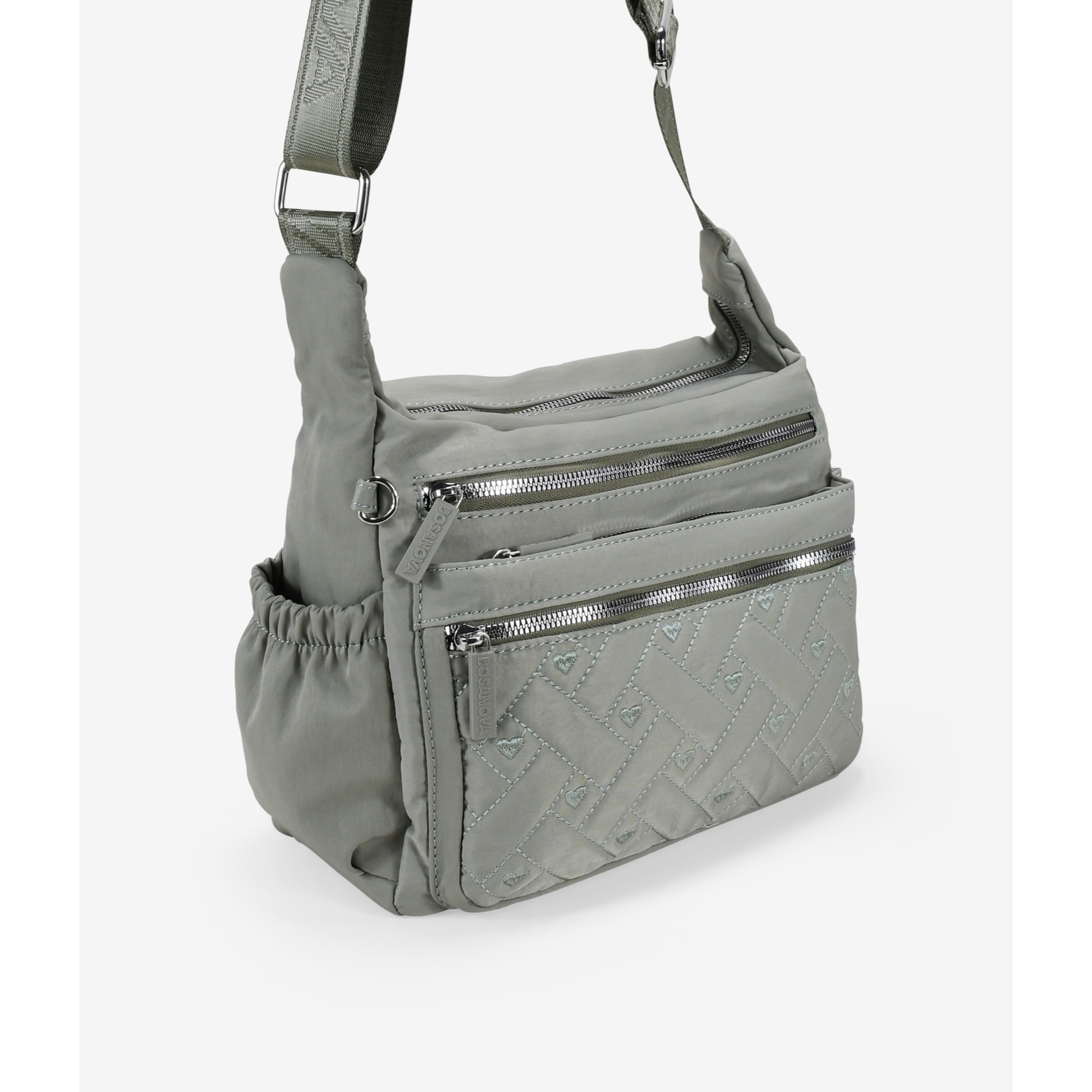 Bolso bandolera taupe con cremallera y cosido de corazones