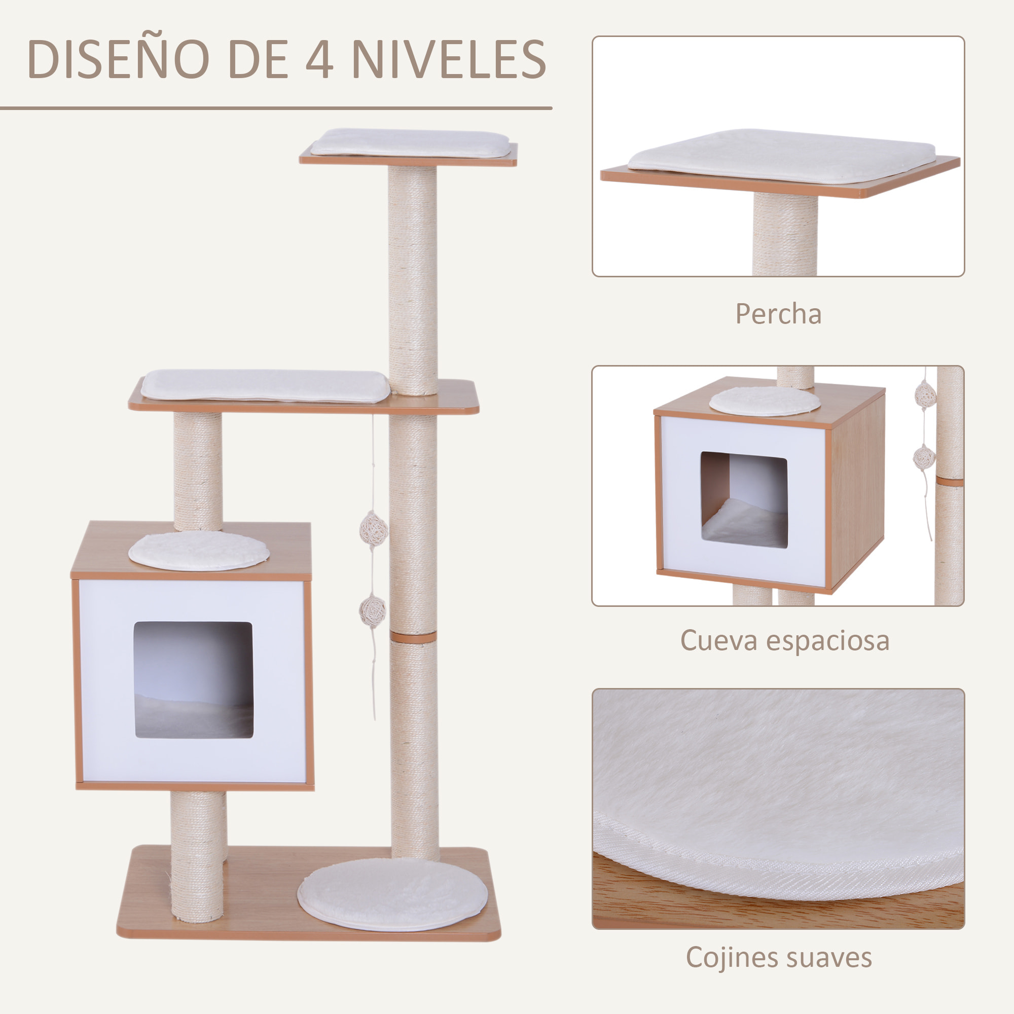 árbol Rascador para Gatos de Madera 71,5x49,5x120 cm con Cueva y Postes de Sisal