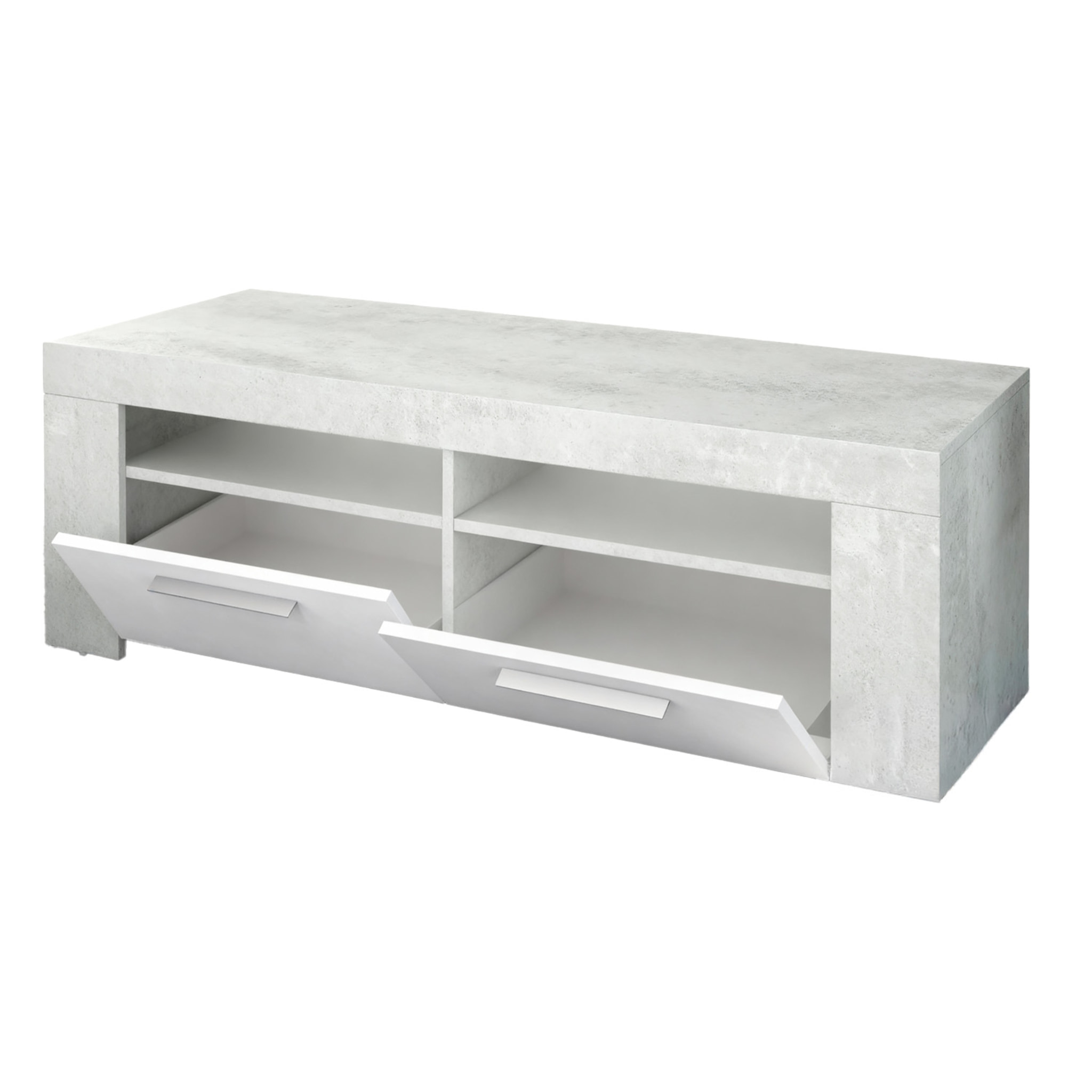 Mobile TV Con 4 Vani Portaoggetti Modulo Porta TV Moderno Con Ante E Vani A Vista Per Soggiorno Supporto TV 120x42x40 Cm Bianco Lucido Grigio Cemento