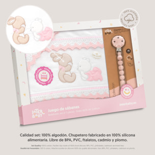 Triptico Cuna Guipur Oso Tumbado Conejito + Broche Bco/Rosa