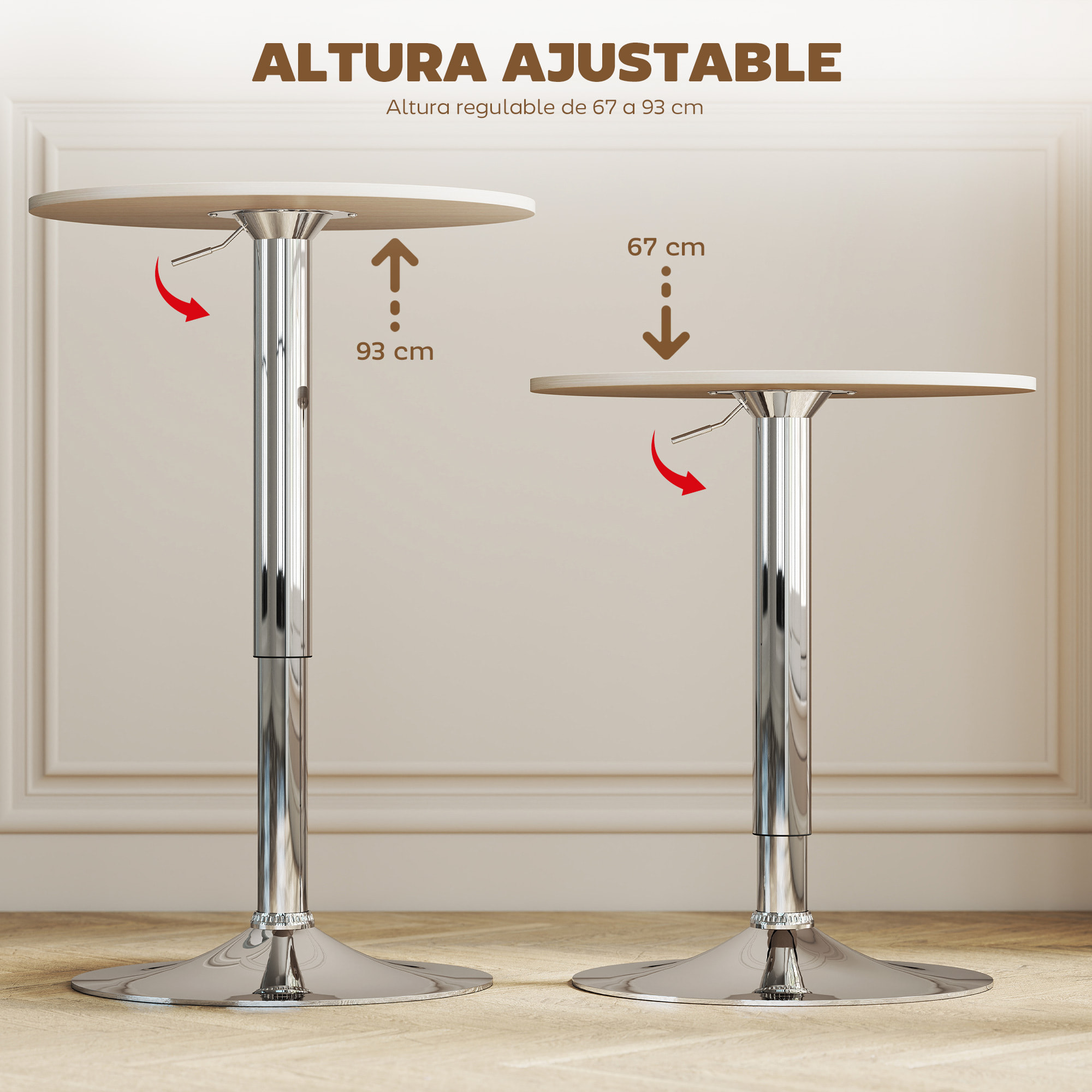 Mesa de Bar Redonda Ajustable en Altura 67-93 cm, Mesa Alta de Bar, Tablero Ø60 cm y Giratorio 360°, con Base Redonda de Metal Cromado, para Bistró, Cocina Comedor, Madera Natural