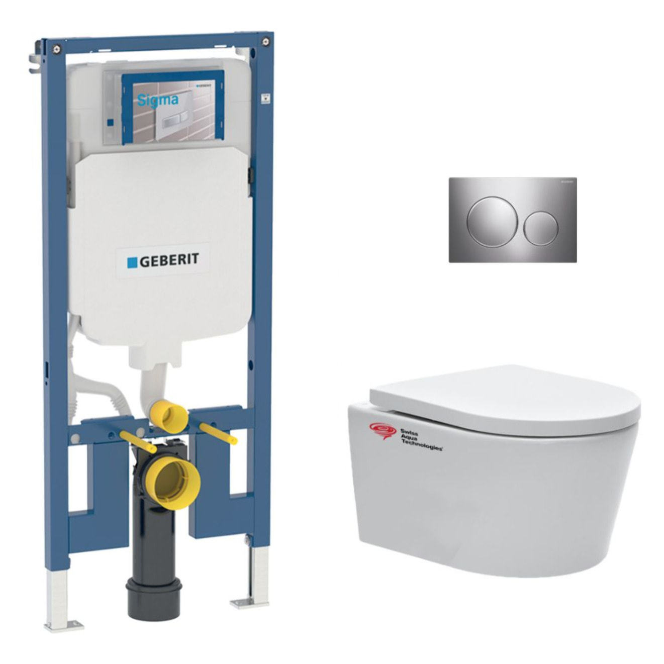 Pack WC bati-support Geberit + WC Swiss Aqua Technologies sans bride + abattant SoftClose + plaque (SLIM-SATrimless-F)
