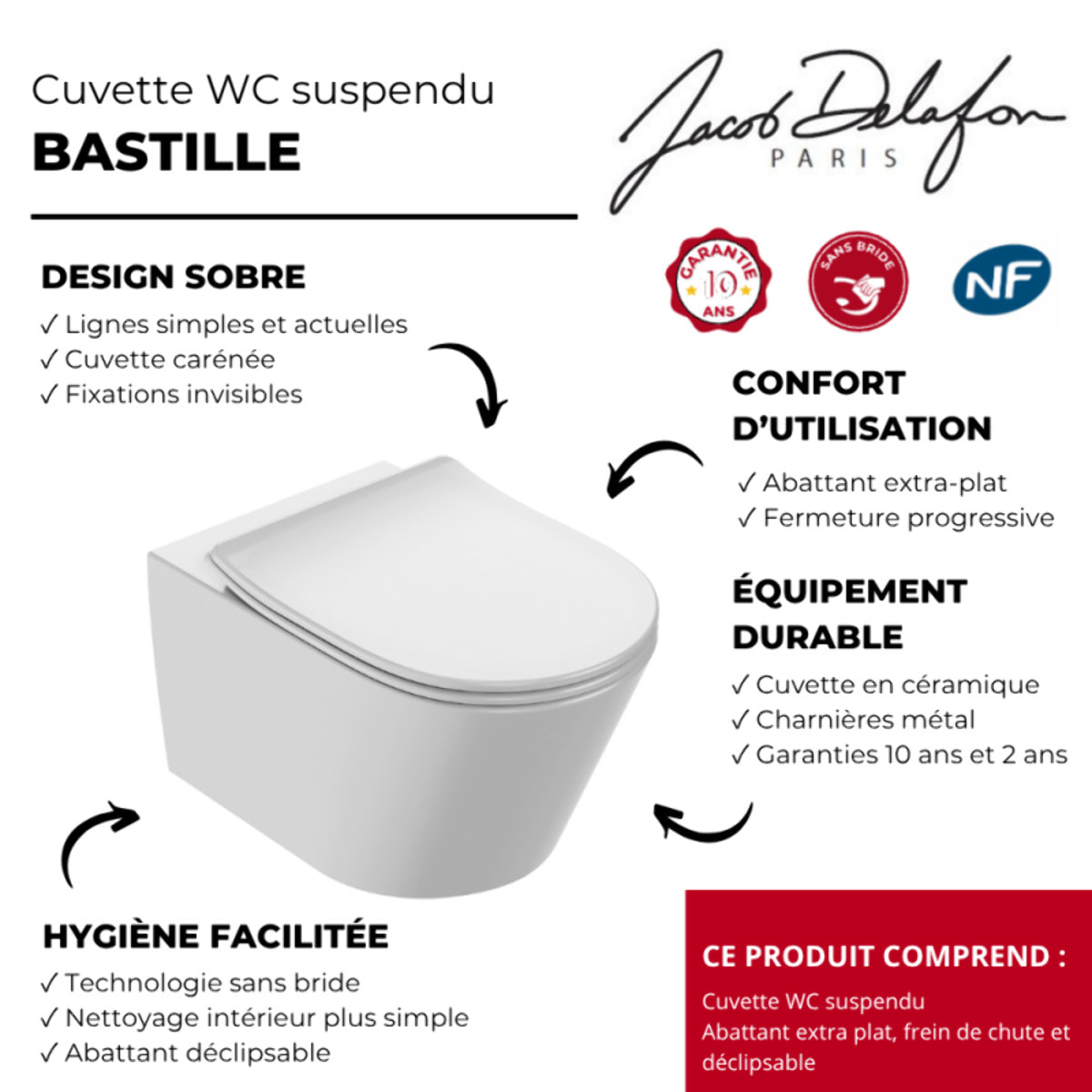 Cuvette WC suspendu sans bride Bastille avec abattant frein de chute et déclipsable