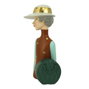 Donna in resina marrone con borsa portavaso cm17x13h36