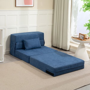 Chauffeuse futon grand confort avec coussin tissu toucher lin bleu