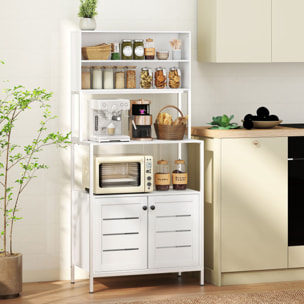 Estantería de Cocina con Toma de Corriente Soporte para Microondas Estante de Cocina con 2 Puertas con Lamas 2 Puertos USB y Compartimentos para Comedor Salón Blanco