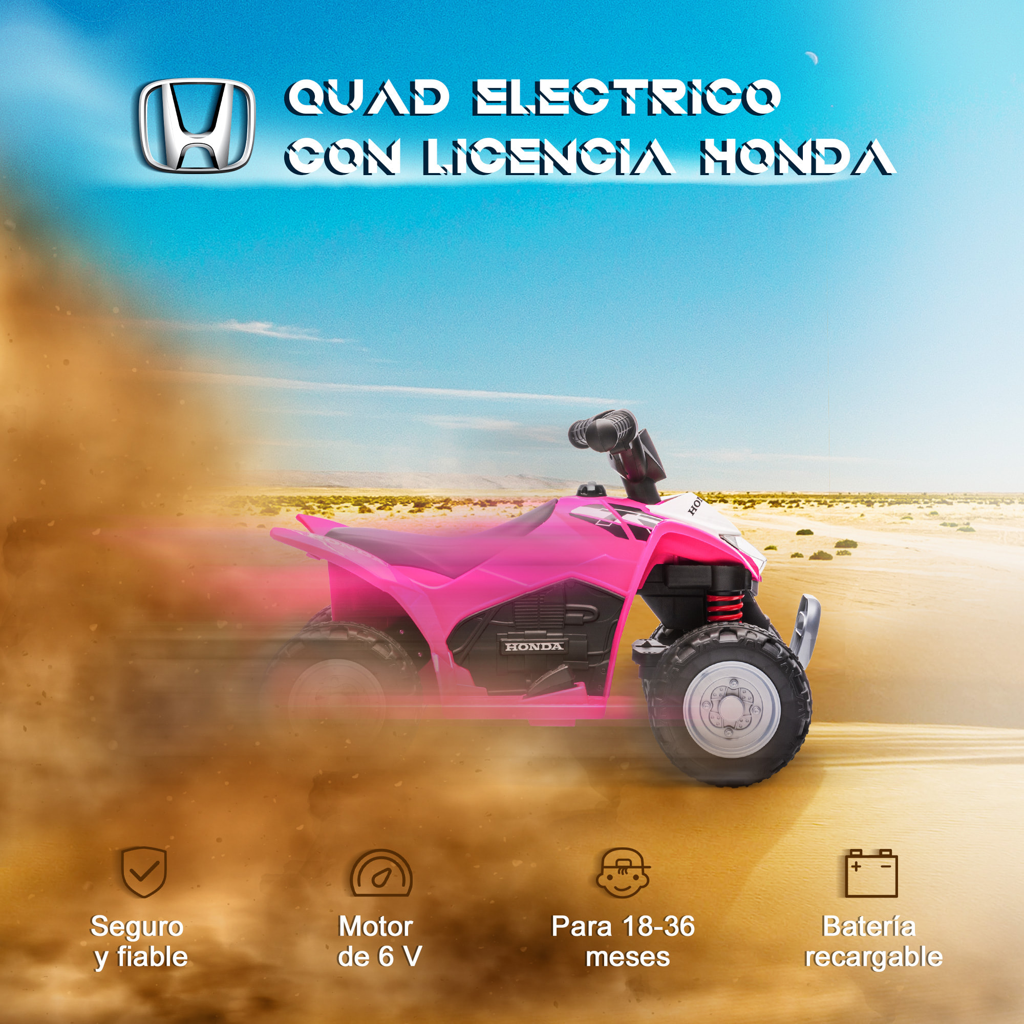 Quad Eléctrico para Niños de 18-36 Meses con Licencia HONDA Vehículo Eléctrico a Batería 6V Infantil con Faros LED Bocina Velocidad de 2,8 km/h y Avance 65,5x38,5x43,5 cm Rosa