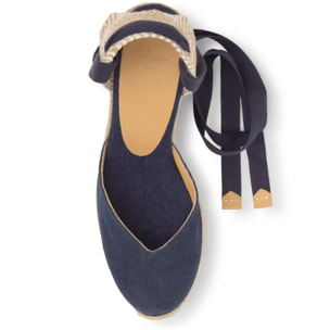 Alpargata con cuña 8 cm en lona de algodón con pala en v y cintas al tobillo