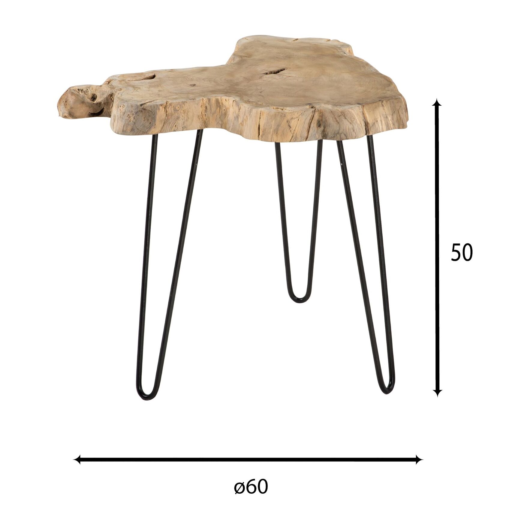 MEUBLE D'APPOINT EN TECK NATUREL/PIEDS EN MÉTAL NOIR DIA60XH50CM TIKI