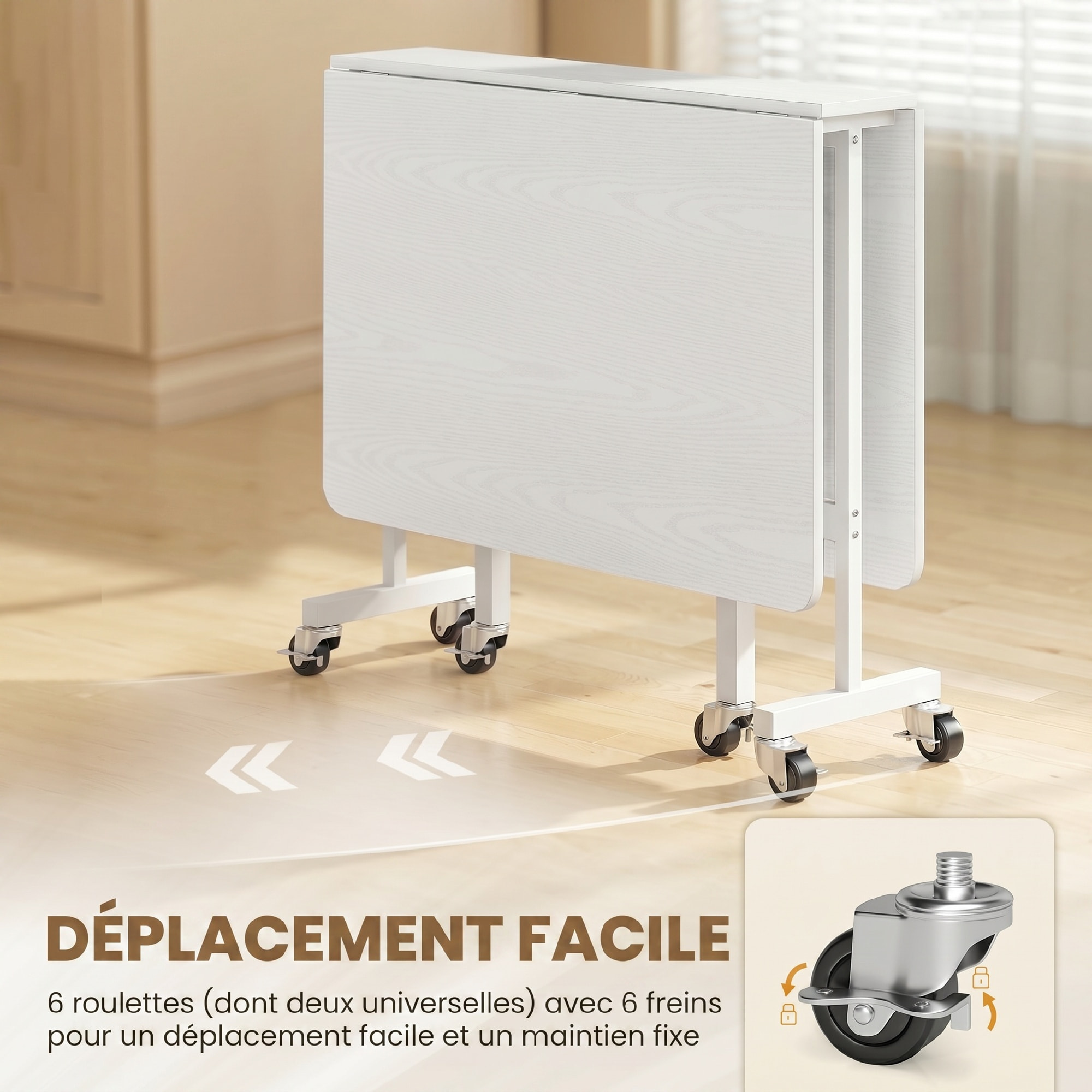 Table pliable 6 personnes - table à rabat mobile 6 roulettes - acier blanc effet bois blanc