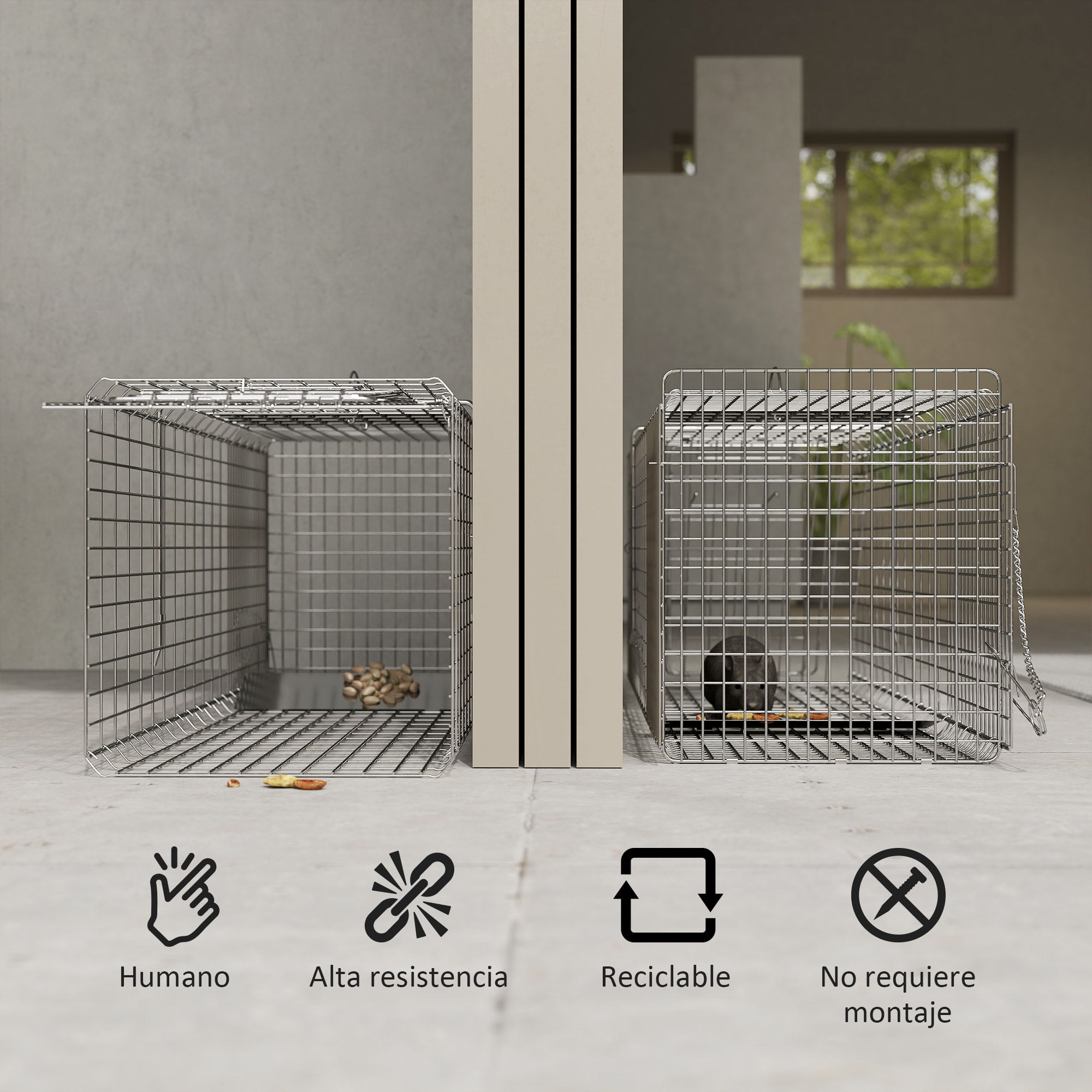 Trampa para Animales Vivos Plegable 93x31x34,5 cm Jaula de Captura de Alambre con Puerta y Asa para Conejos Ratas Roedores Plata