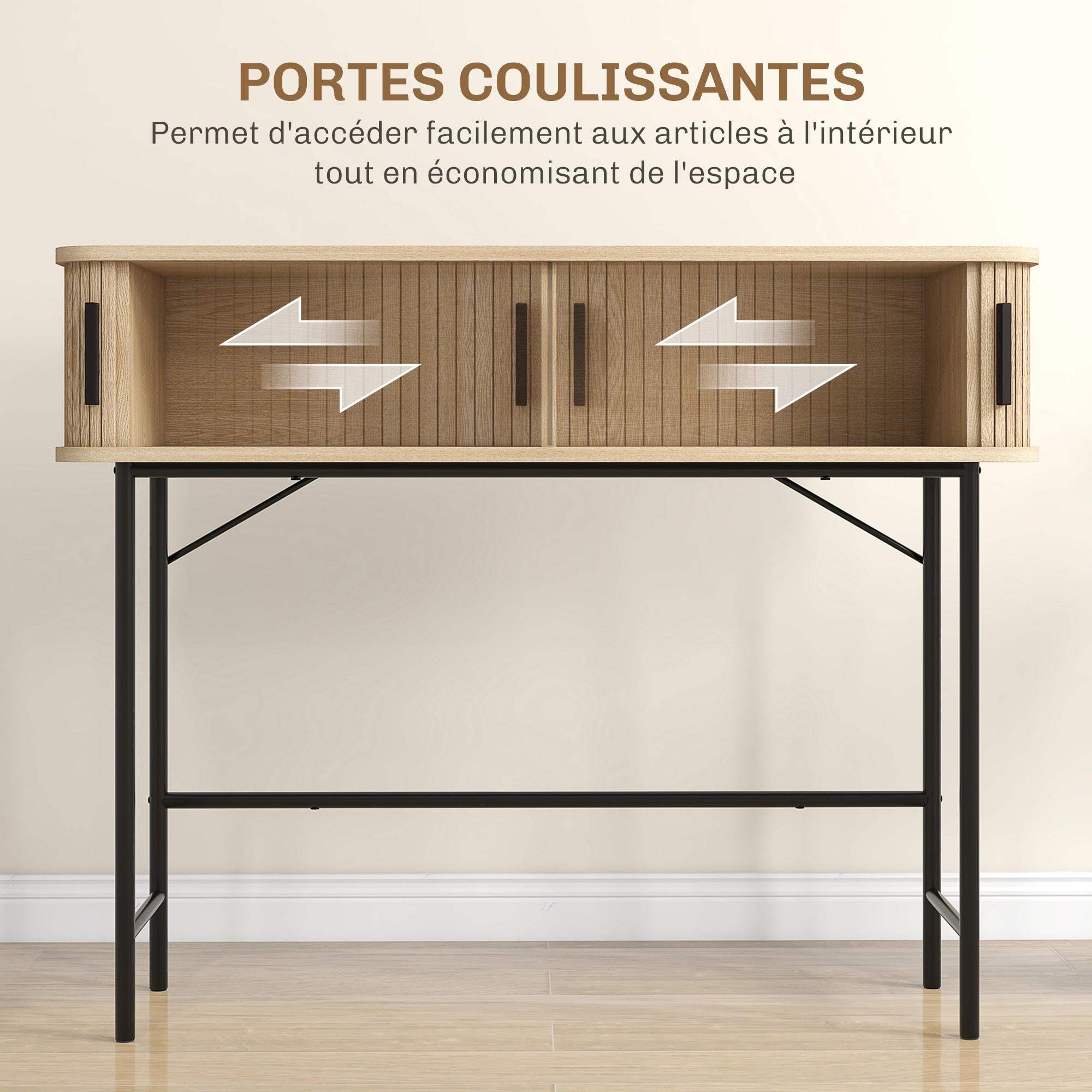 Console 2 portes coulissantes design naturel piètement acier noir effet bois clair