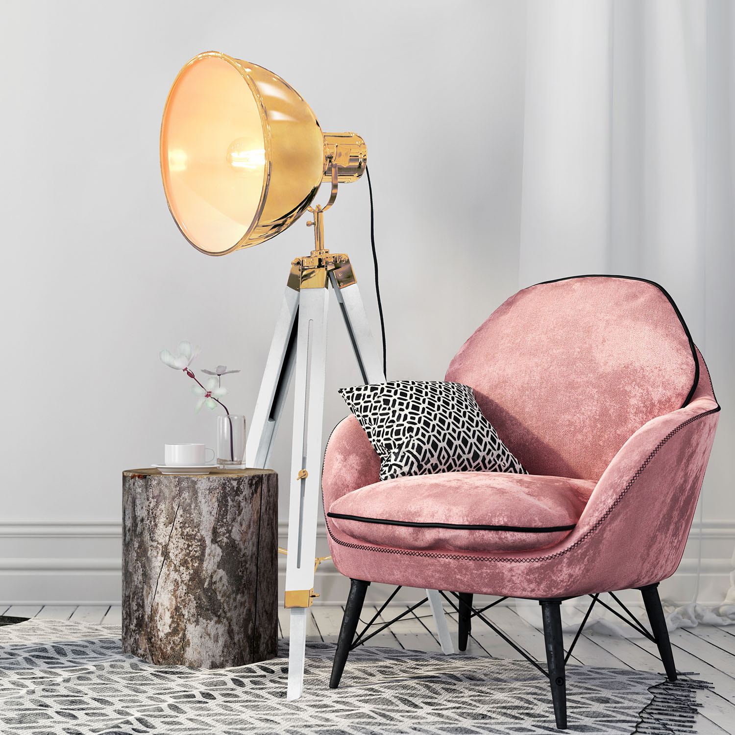 Lampadaire Industriel Dore Trepied Blanc