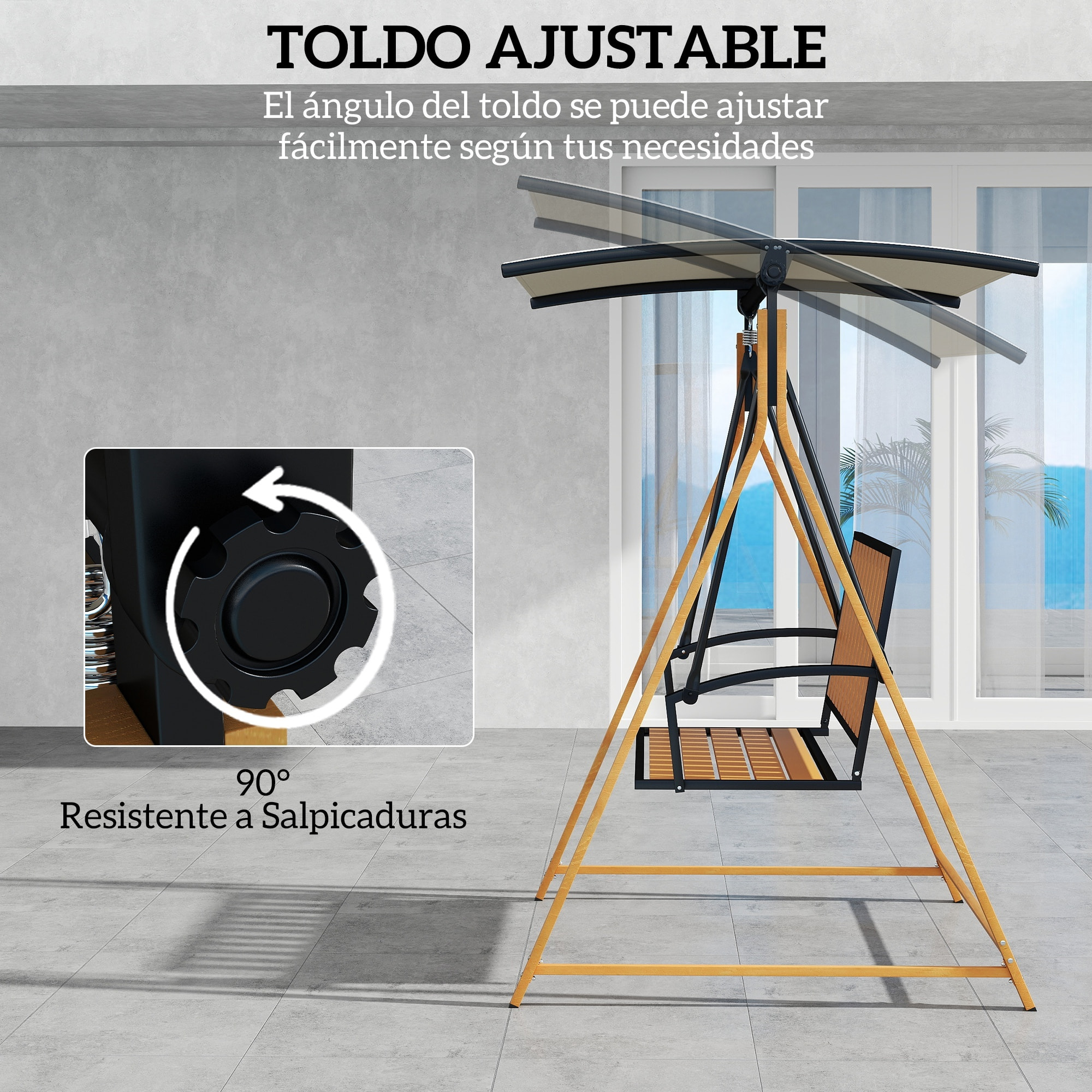 Columpio de Jardín Exterior de 2 Plazas Grano de Madera Balancín de Jardín Exterior con Toldo Ajustable y Estructura de Metal Carga 240 kg 142x112x162 cm Natural y Beige
