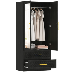 Armario Dormitorio 2 Puertas y 2 Cajones, Armario Ropero con Espejo, Relieve de Diamante, Barra para Colgar, Estilo Moderno, 80x50x180 cm, Negro