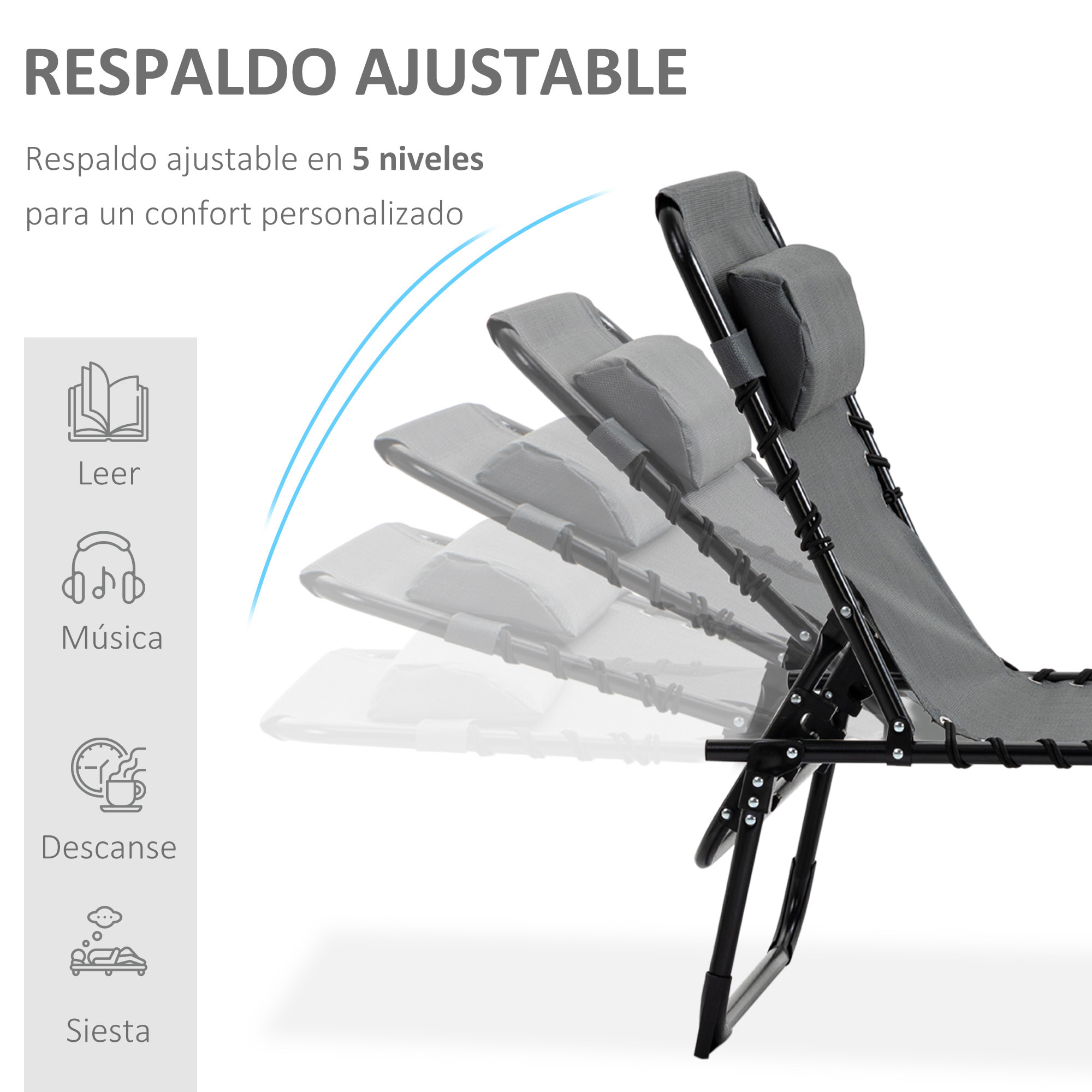 Tumbona Plegable Tumbona Jardín Exterior con Respaldo Ajustable Reposacabezas Acolchado Bolsillo Lateral y Estructura de Acero 185x58x30 cm Gris