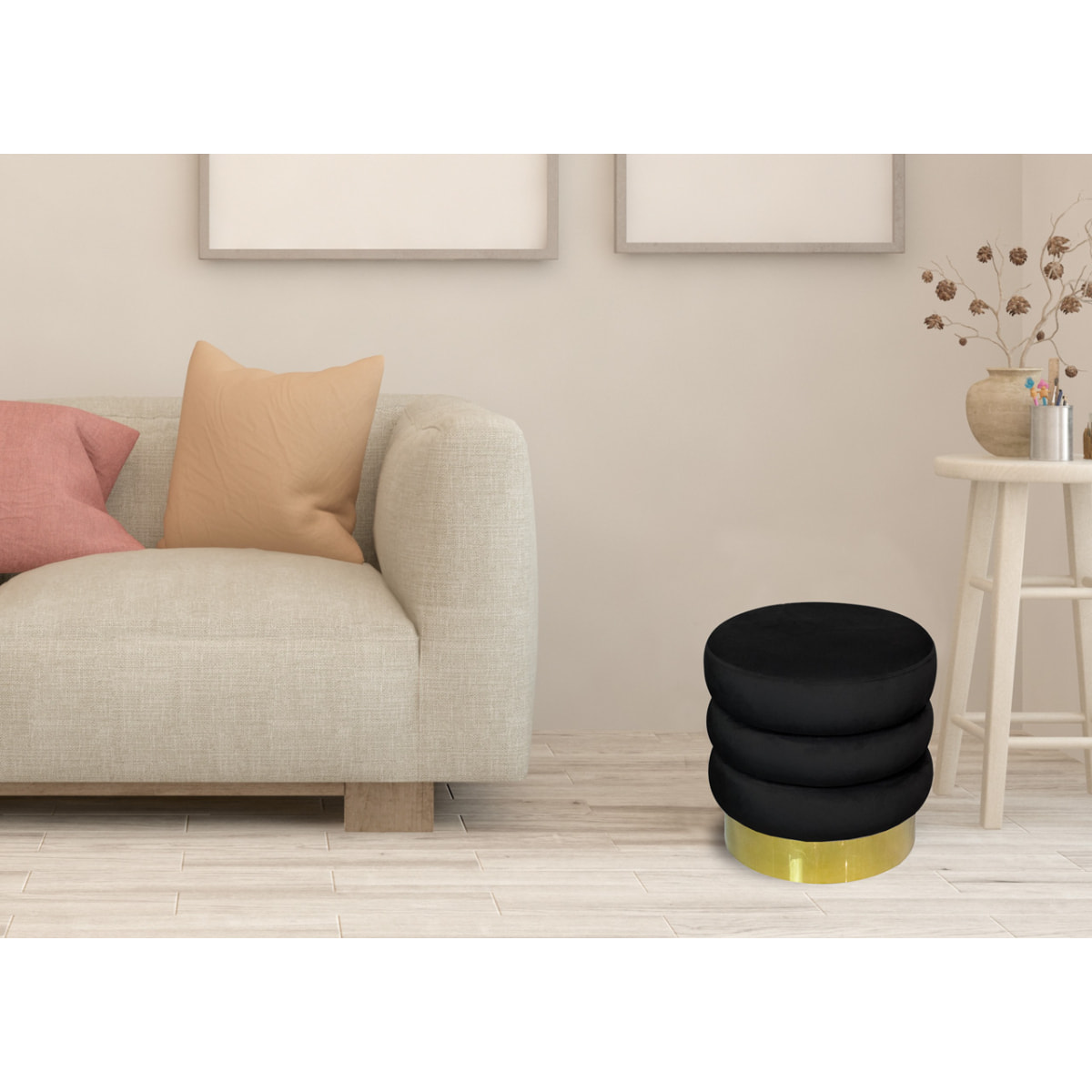 Pouf Poggiapiedi Rotondo Seduta In Velluto Velvet Creamy Nero