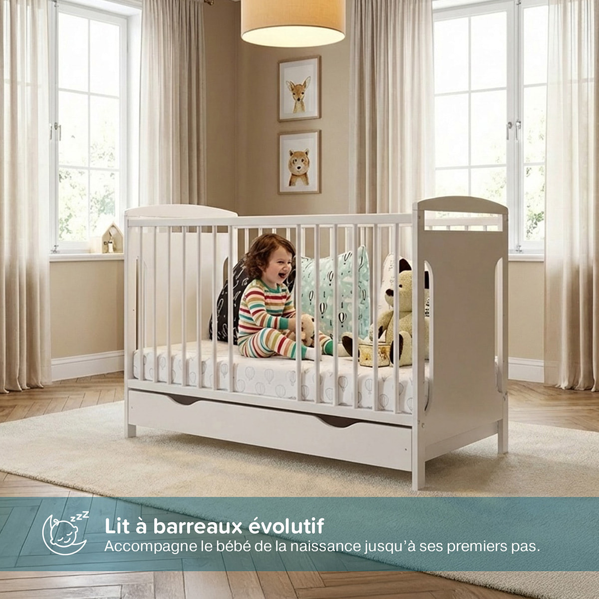 Lit Bébé Évolutif Margot 60x120 cm en Bois, Blanc, Avec Tiroir intégré, Sommier Réglable 3 Hauteurs, Barreaux Amovibles