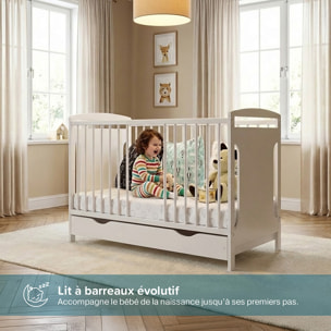 Lit Bébé Évolutif Margot 60x120 cm en Bois, Blanc, Avec Tiroir intégré, Sommier Réglable 3 Hauteurs, Barreaux Amovibles