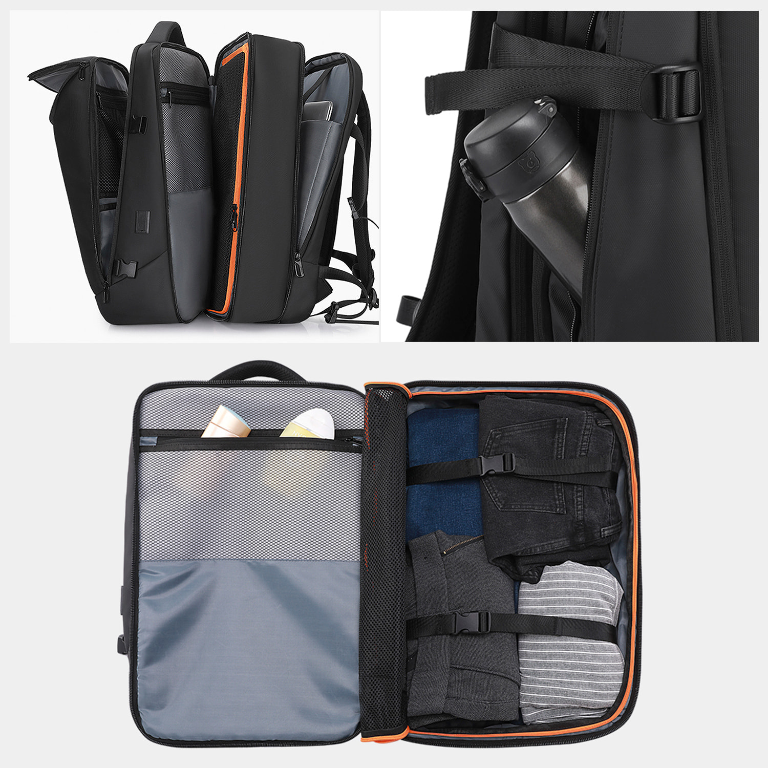 DAM Mochila expandible 36L/50L con capa impermeable, porta Laptop 17,3". Toma USB exterior. 51x24x34 Cm. Color: Negro