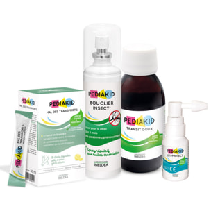 PEDIAKID - Box Vacances - Sirop Transit Doux, Oti-Protect, Spray Bouclier Insect' & Sticks Mal des Transports - Aide à apaiser les piqûres d'insectes et mal des transports - Dès 4 mois