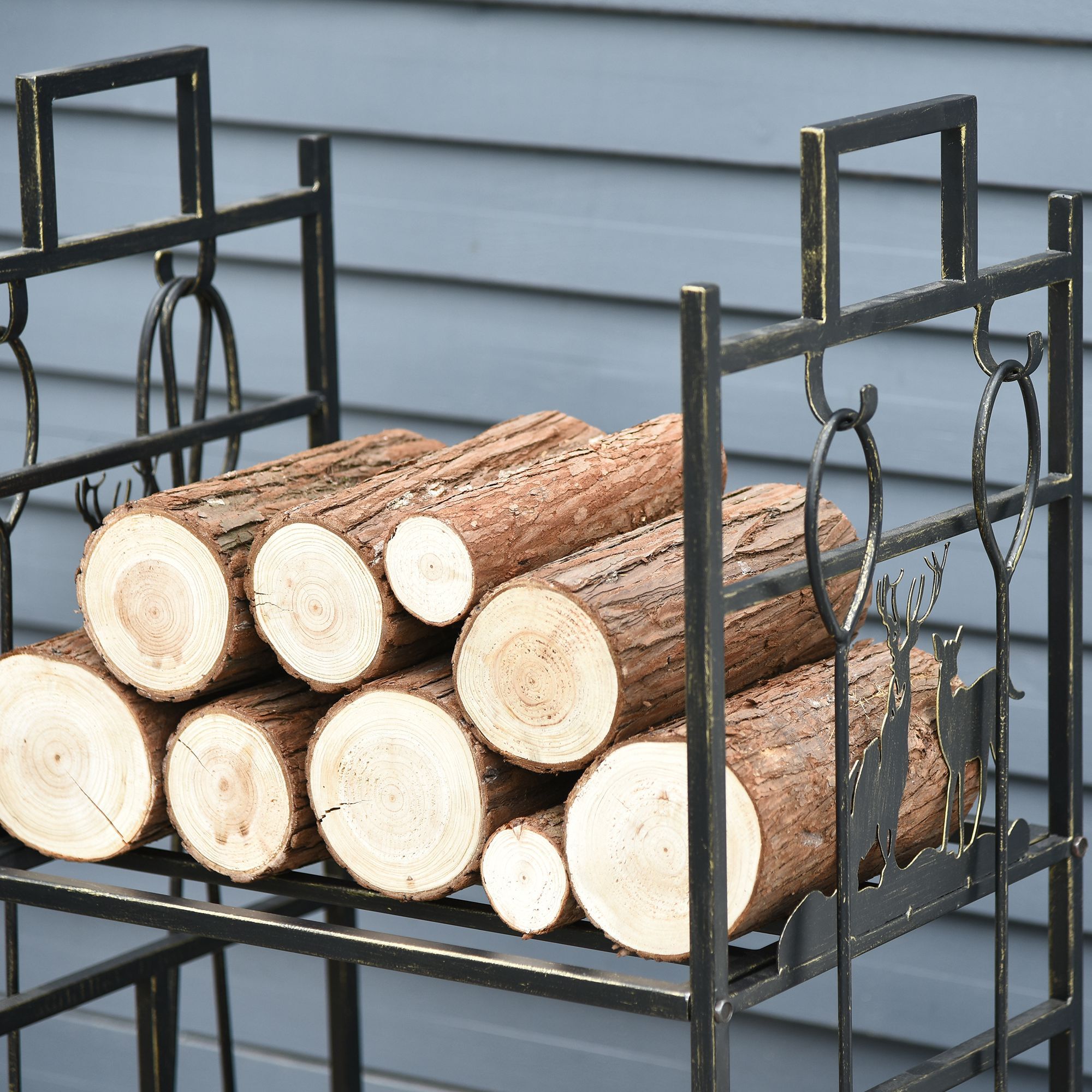 Soporte para Leña de Metal de 2 Niveles Estante para Leña con 4 Herramientas y Asas para Chimenea para Interior y Exterior 51,5x33x77 cm Negro Dorado