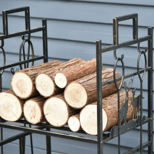 Soporte para Leña de Metal de 2 Niveles Estante para Leña con 4 Herramientas y Asas para Chimenea para Interior y Exterior 51,5x33x77 cm Negro Dorado