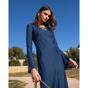 Vestido midi con escote en pico y cordones