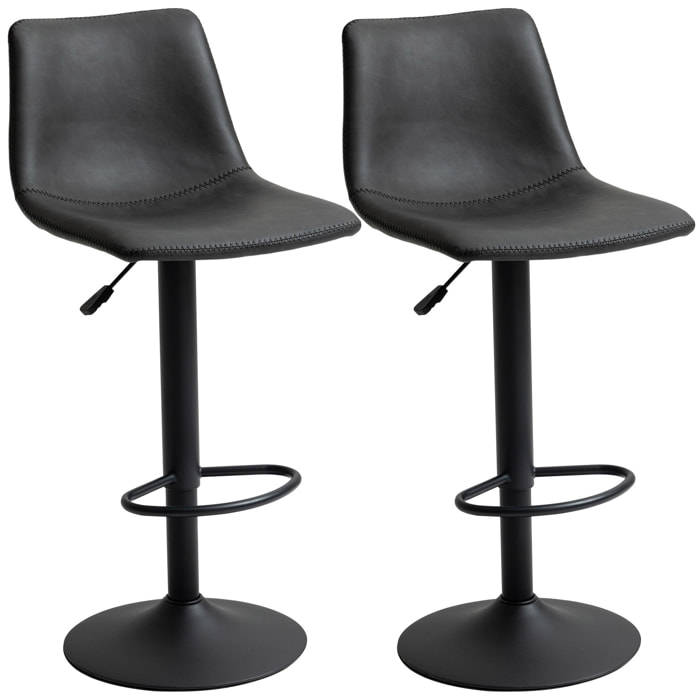 Lot de 2 tabourets de bar Vintage hauteur réglable pivotant avec repose-pied PU avec surpiqûres gris foncé