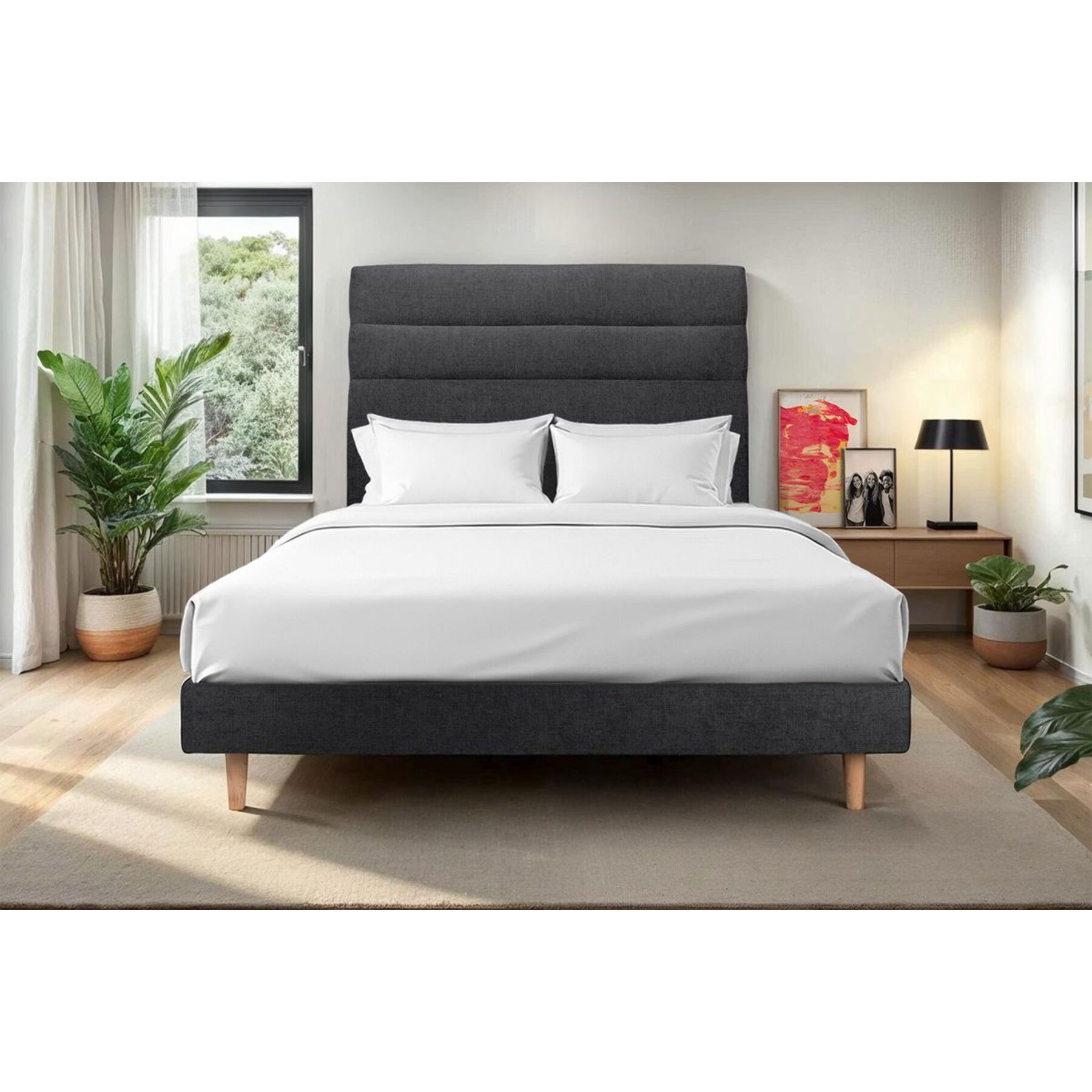 Lit avec tête de lit bandes horizontales tissu et sommier kit Ep14