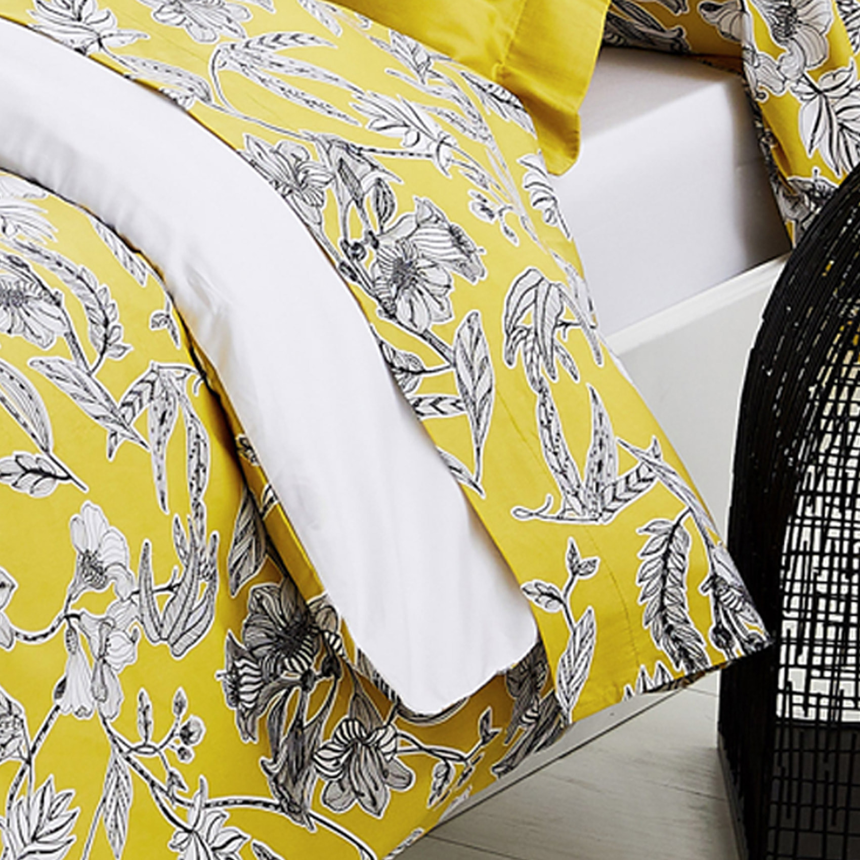 Drap plat en satin Botanic - Jaune soleil