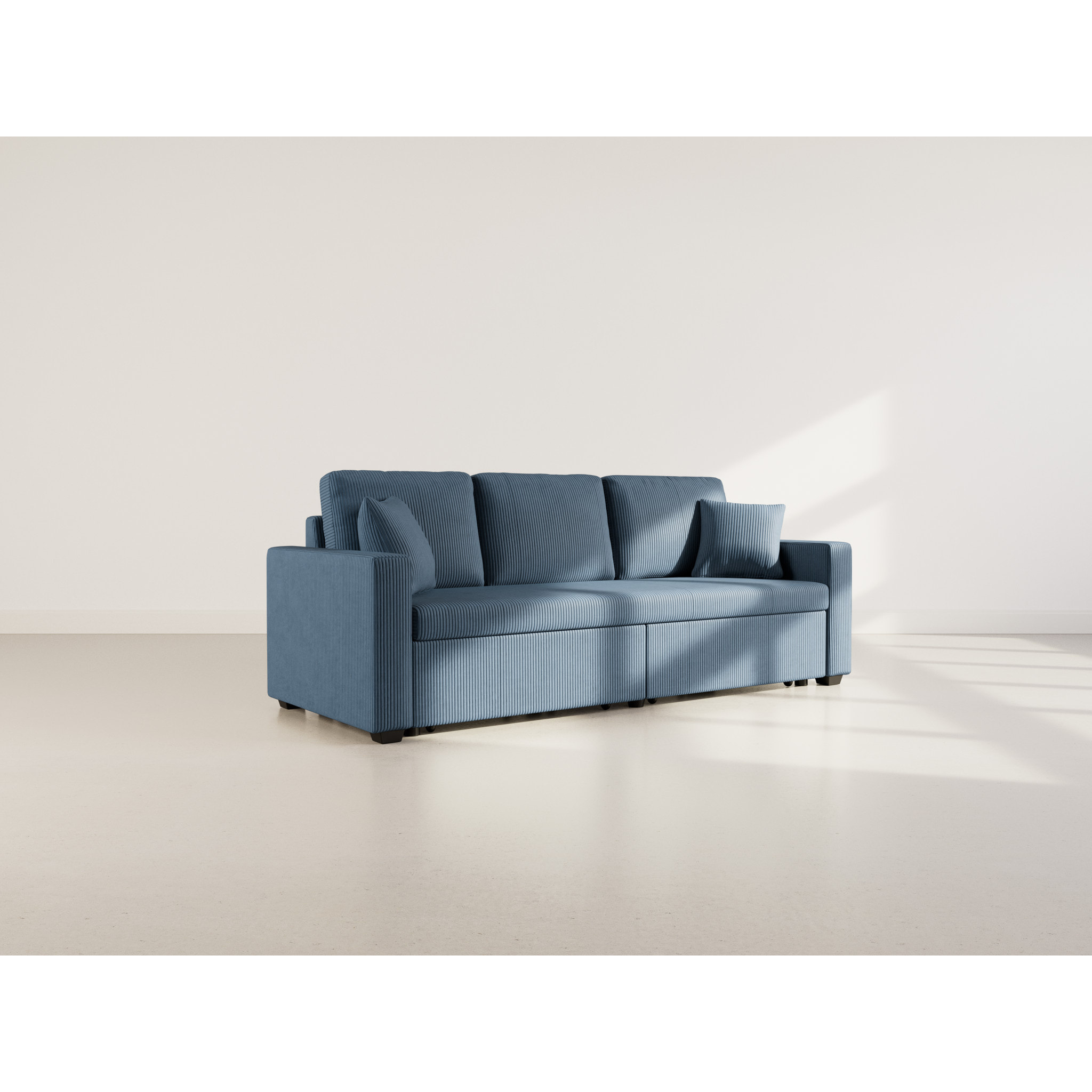 Cyrus - Canapé droit 3 places convertible en velours côtelé - Bleu