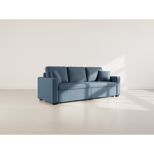 Cyrus - Canapé droit 3 places convertible en velours côtelé - Bleu