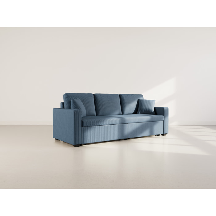 Cyrus - Canapé droit 3 places convertible en velours côtelé - Bleu