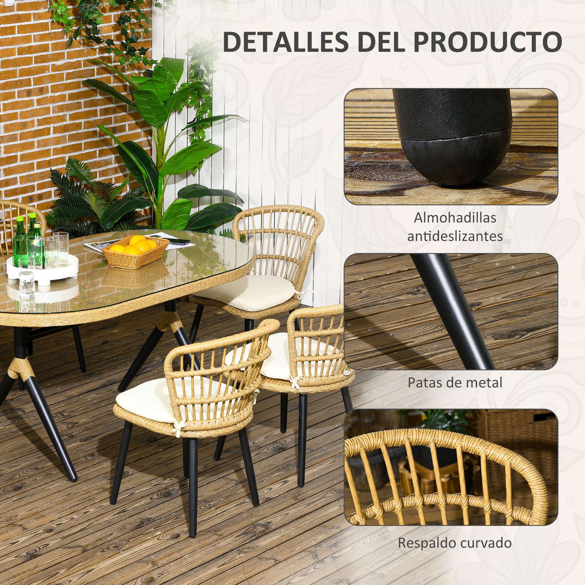 Conjunto de Jardín de Ratán Sintético Juego de Muebles de Jardín Exterior de Ratán de 7 Piezas Incluye 6 Sillas con Cojines y Mesa de Vidrio Templado Natural