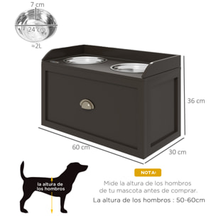 Comedero Elevado para Perros Grandes Cuencos para Perros con 2 Tazones 2000ml de Acero Inoxidable y Cajón Oculto Soporte de Madera para Mascotas 60x30x36 cm Marrón