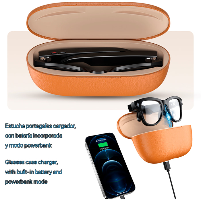 Gafas inteligentes M02 ultra con cámara de 8 MP para fotos y video. Con estuche de carga de 3600mAh.