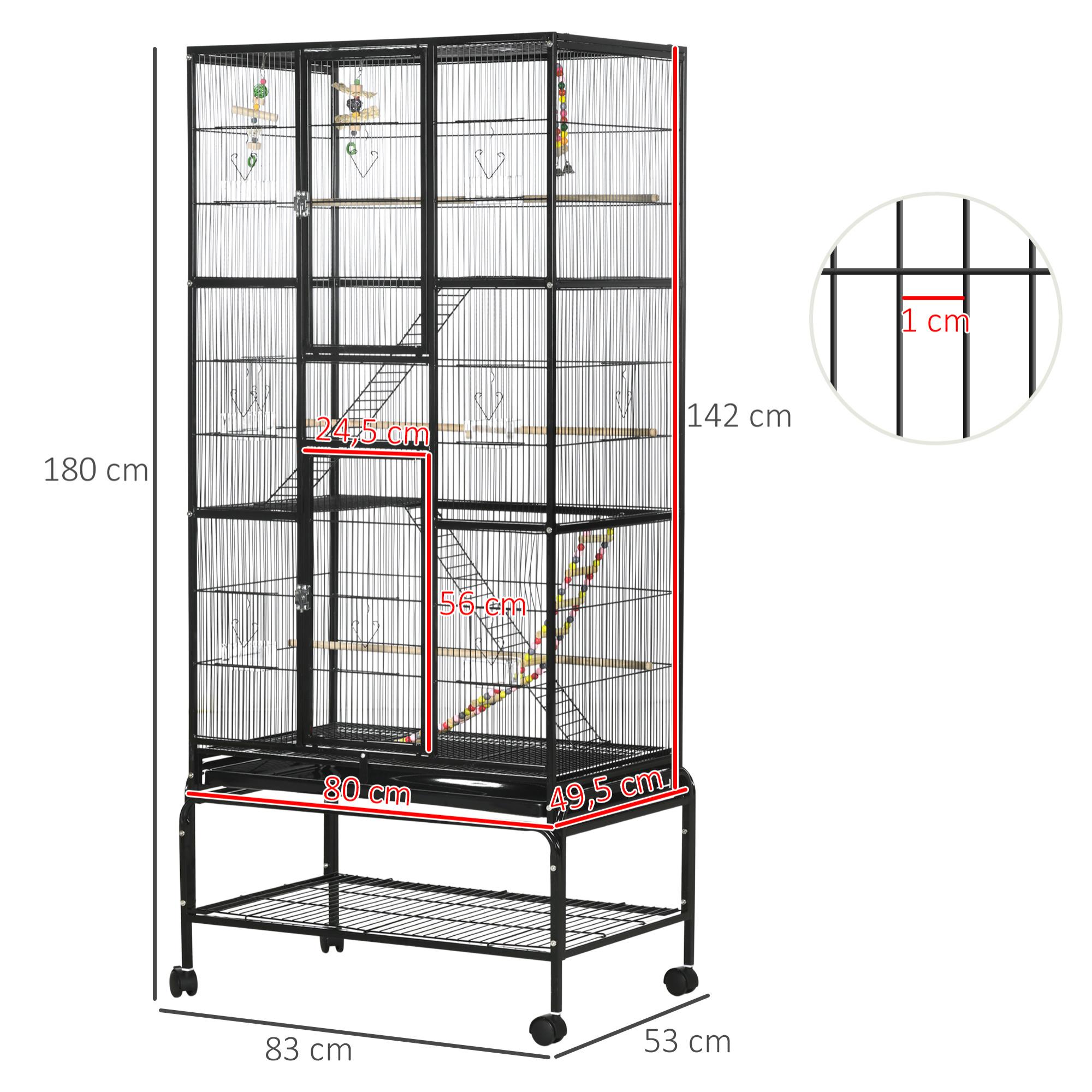 Jaula para Pájaros con Ruedas 83x53x180 cm Pajarera Metálica de 3 Niveles con 3 Perchas Comederos Juguetes Rampas y Estante de Almacenamiento para Canarios Periquitos Negro