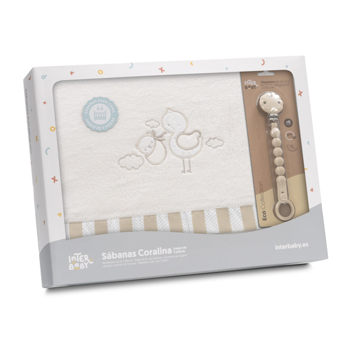 Triptico Cuna Coralina Cigueña Oso + Broche Beig