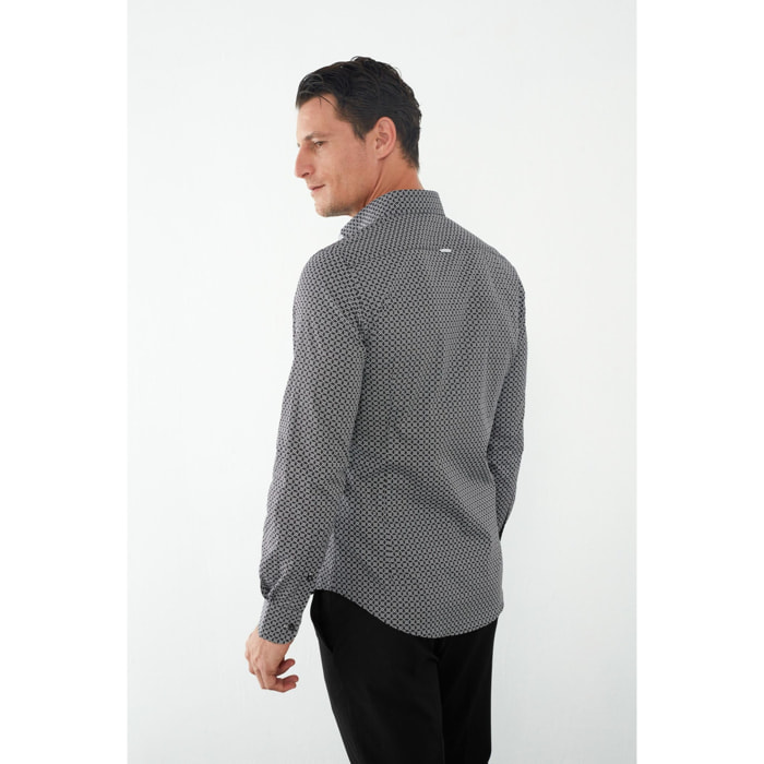 Camicia Uomo 1 Bottoni Button Down Slim Popeline Stampato Nero/Bianco